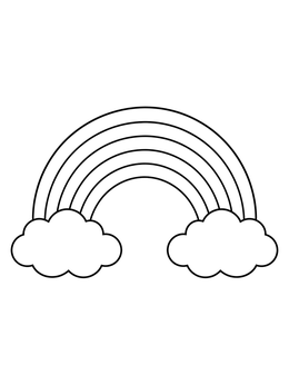 A simple pride coloring page showing an arched rainbow between two fluffy clouds.
