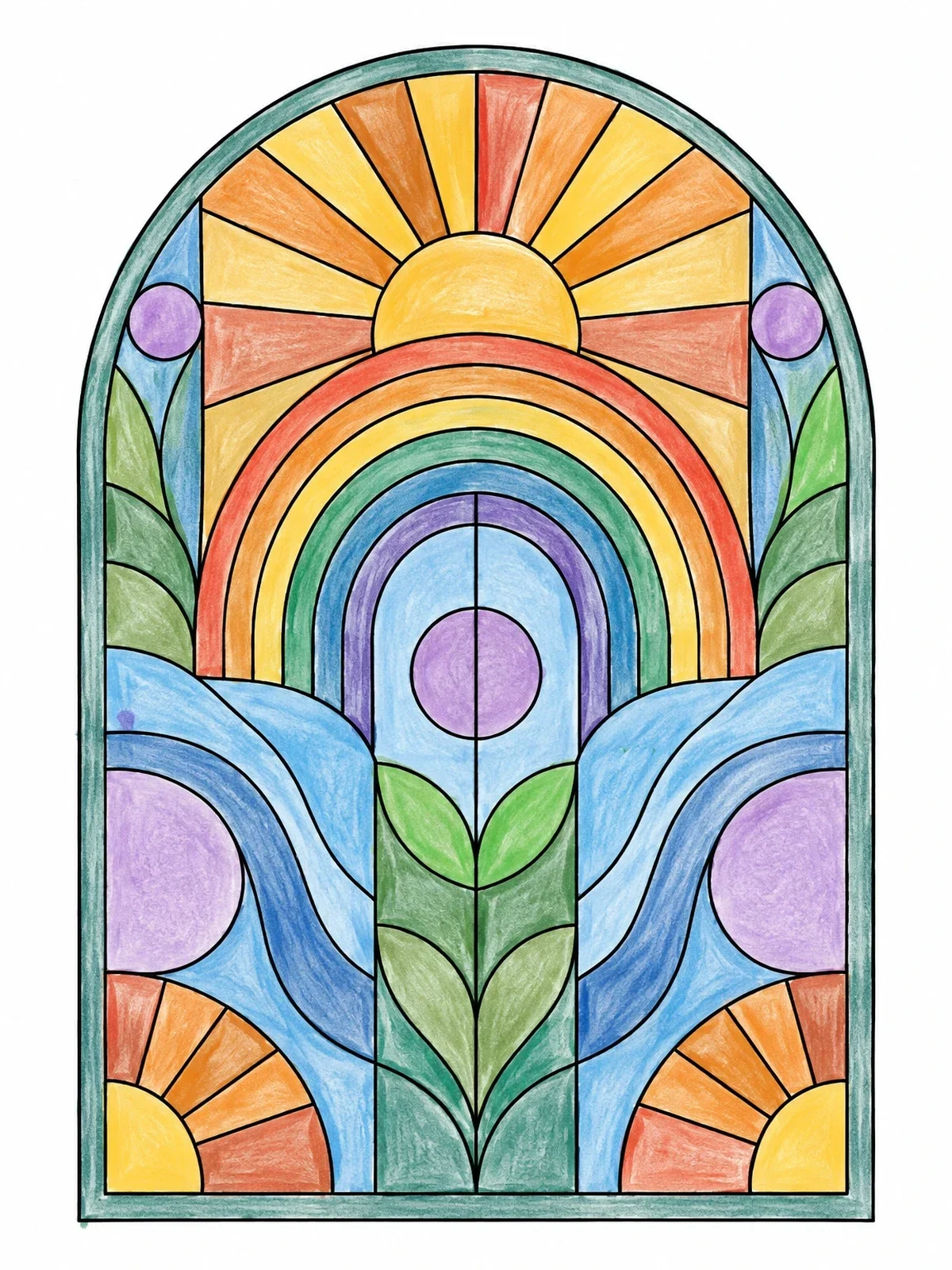 Colored example of the Stained Glass Rainbow Sunburst Window coloring page