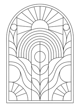 A decorative arched pride coloring page with geometric rainbow and sunburst patterns.