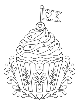 A sweet frosted cupcake in a pride coloring page decorated with hearts and a flag.