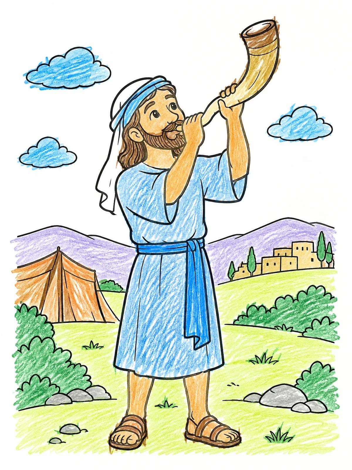 Colored example of the Priest Blowing The Shofar Horn coloring page