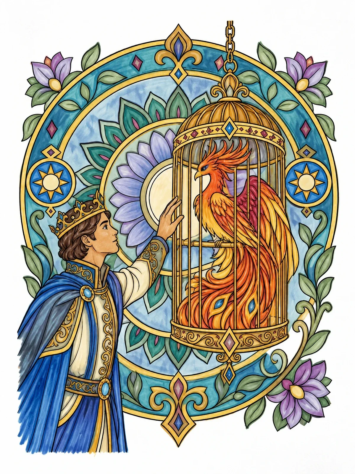 Colored example of the Prince And Caged Firebird coloring page