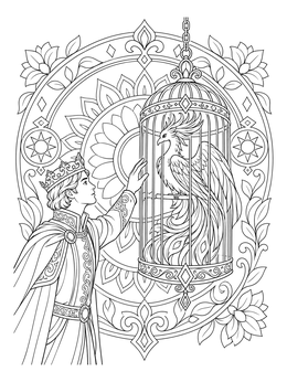 A prince touches a hanging cage holding a mythical bird in this firebird coloring page.