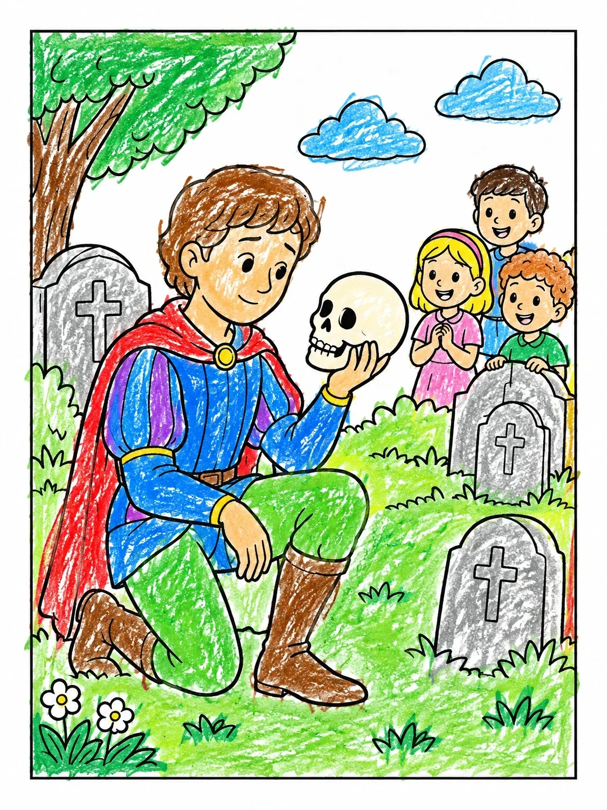 Colored example of the Prince Hamlet And Yorick Skull coloring page