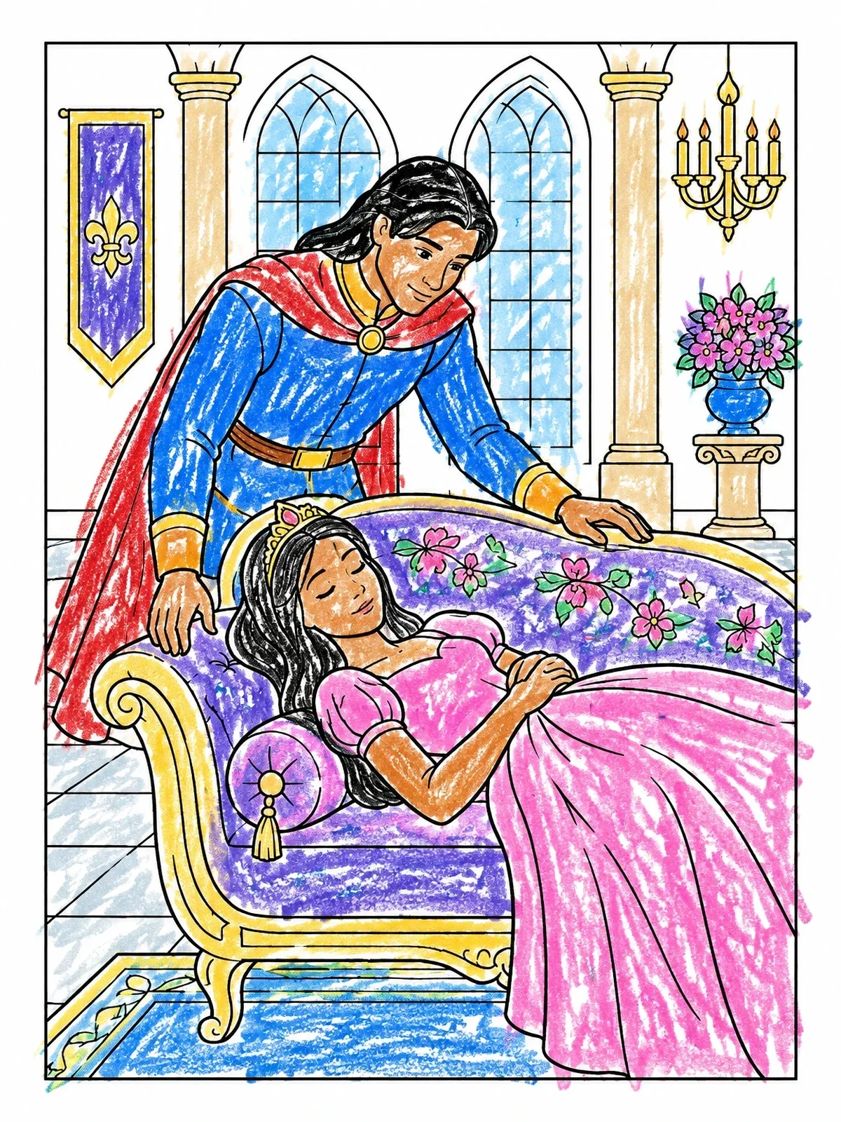 Colored example of the Prince Watching Over Sleeping Princess coloring page