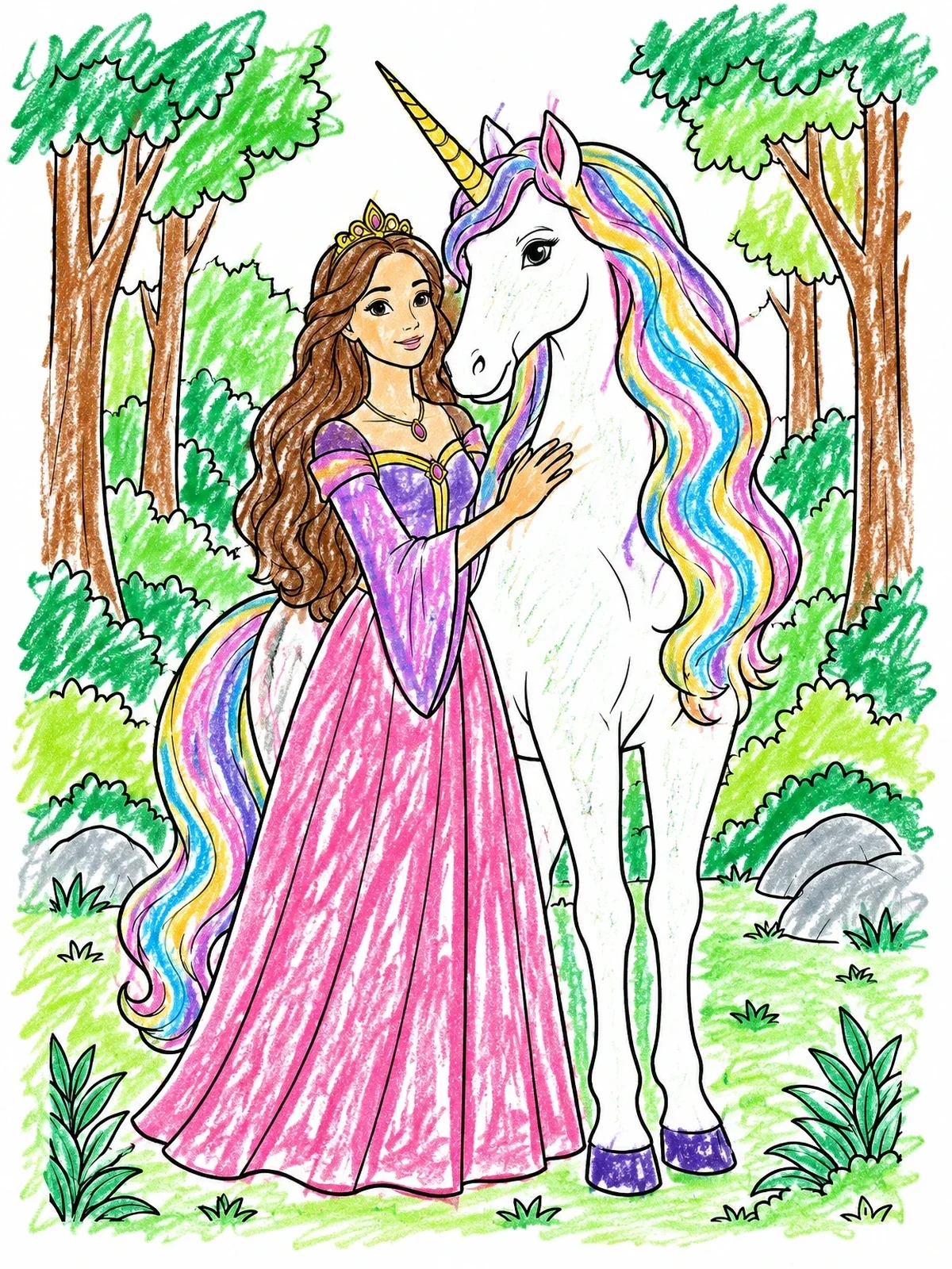 Colored example of the Princess With Unicorn In Enchanted Forest coloring page