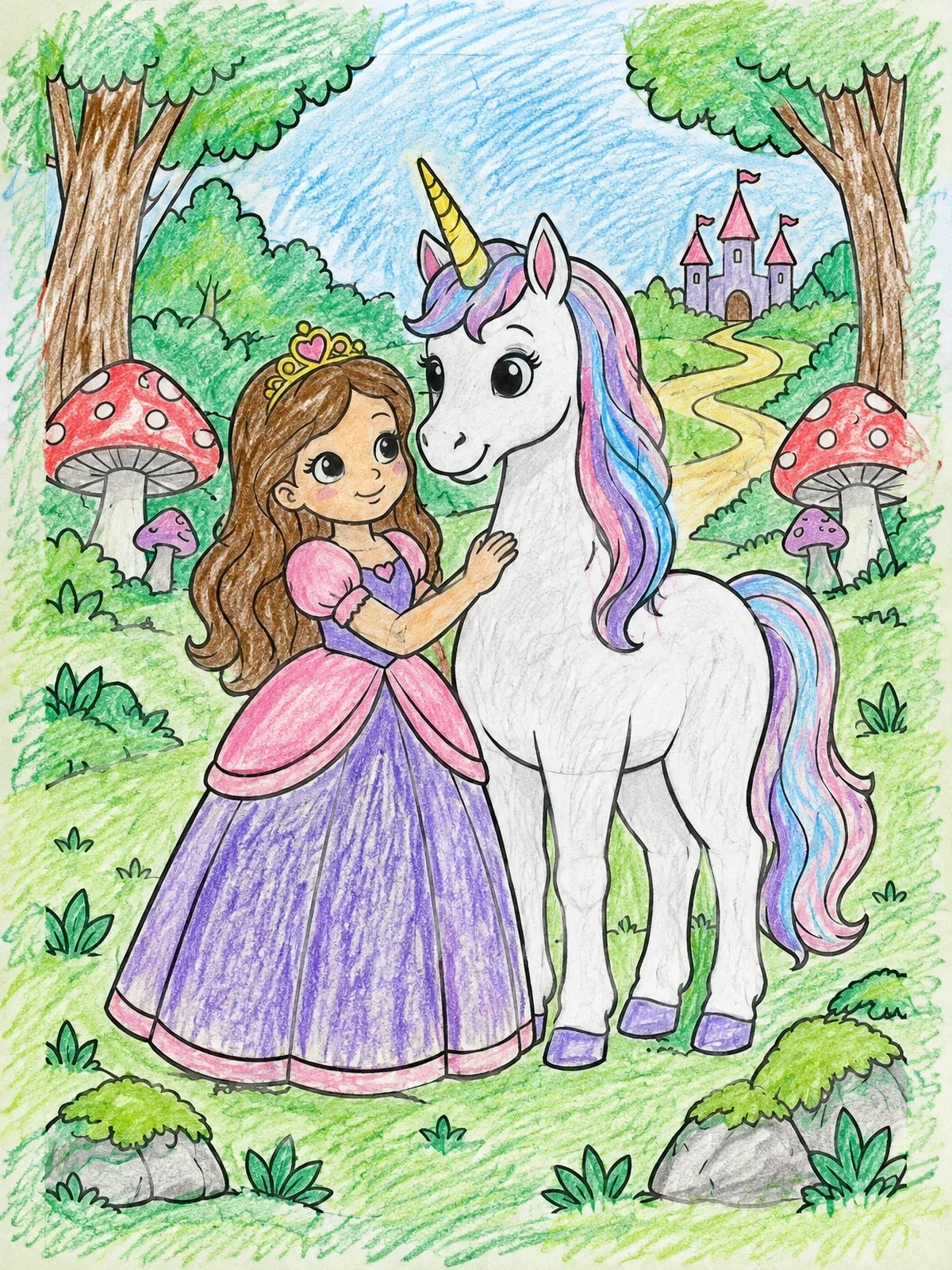 Colored example of the Princess And Unicorn In Magical Forest coloring page