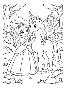 Free printable Princess And Unicorn In Magical Forest coloring page