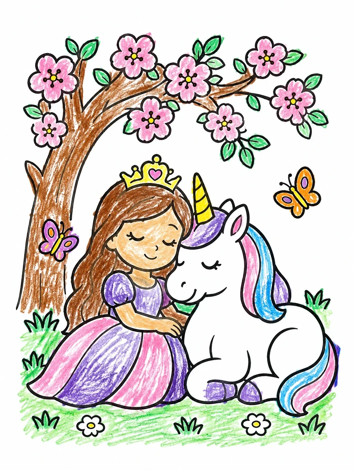 Colored example of the Princess Resting With Unicorn Under Blossom Tree coloring page