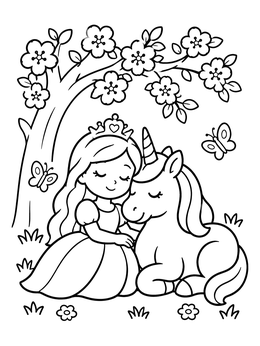 Free printable Princess Resting With Unicorn Under Blossom Tree coloring page