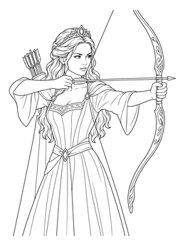 A graceful archer on a princess coloring page drawing a carved bow.