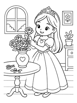 A sweet princess coloring page showing a little girl putting roses into a vase.
