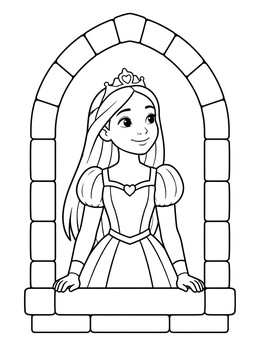 A smiling young princess coloring page framed by an arched stone window.