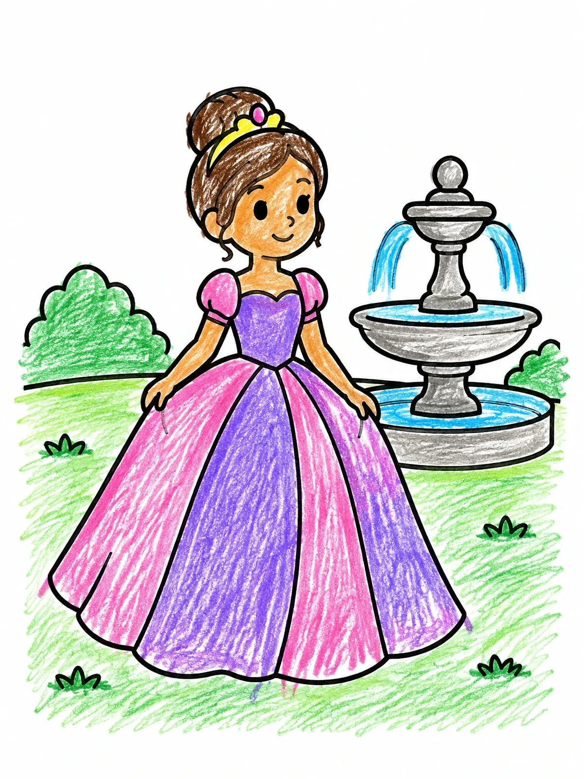 Colored example of the Princess In Gown By Garden Fountain coloring page