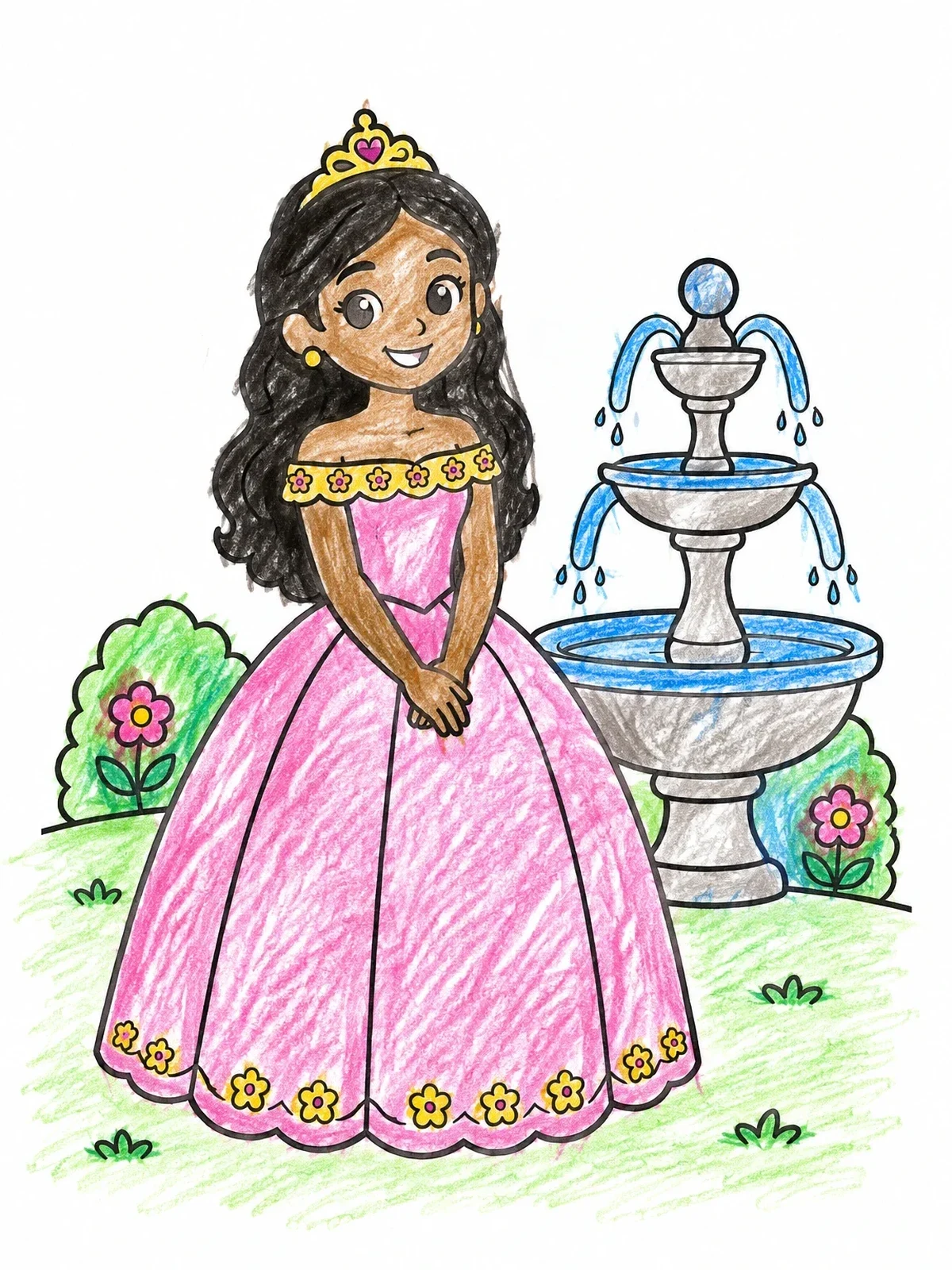 Colored example of the Princess Beside A Garden Fountain coloring page
