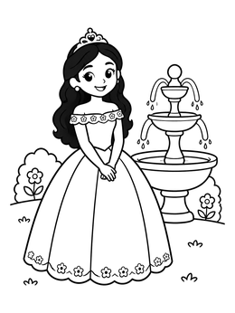 A smiling princess in this ball gown dress coloring page beside a tiered garden fountain.