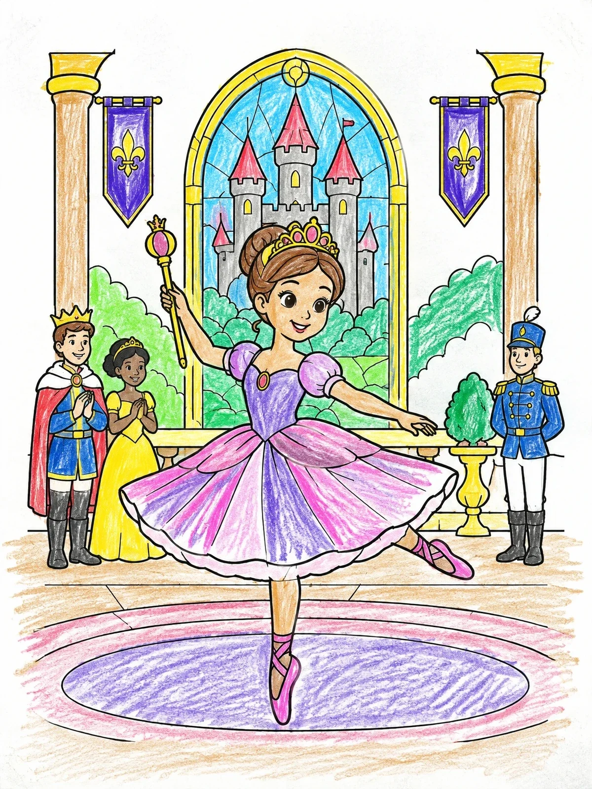 Colored example of the Princess Ballerina Dancing In Castle coloring page