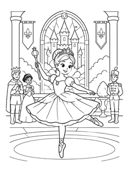A royal ballerina coloring page featuring a princess dancing with a scepter in a grand hall.