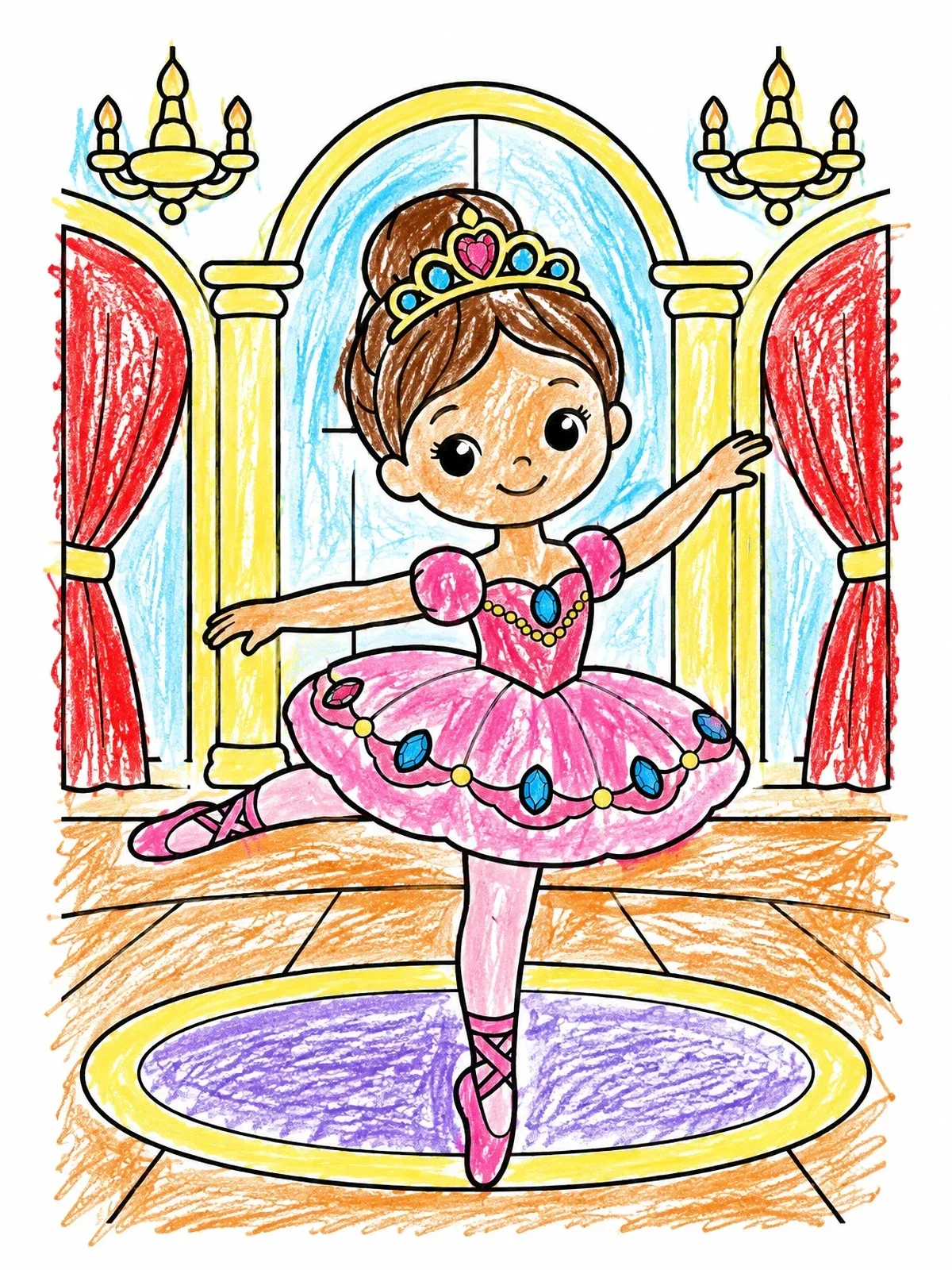 Colored example of the Princess Ballerina Dancing In Ballroom coloring page