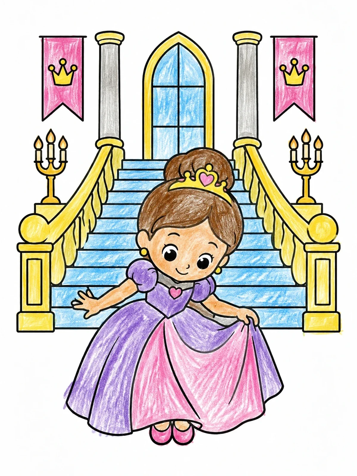 Colored example of the Princess Ballerina Curtsying On Palace Stairs coloring page