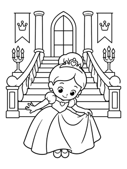 A cute ballerina coloring page showing a little princess curtsying before grand stairs.