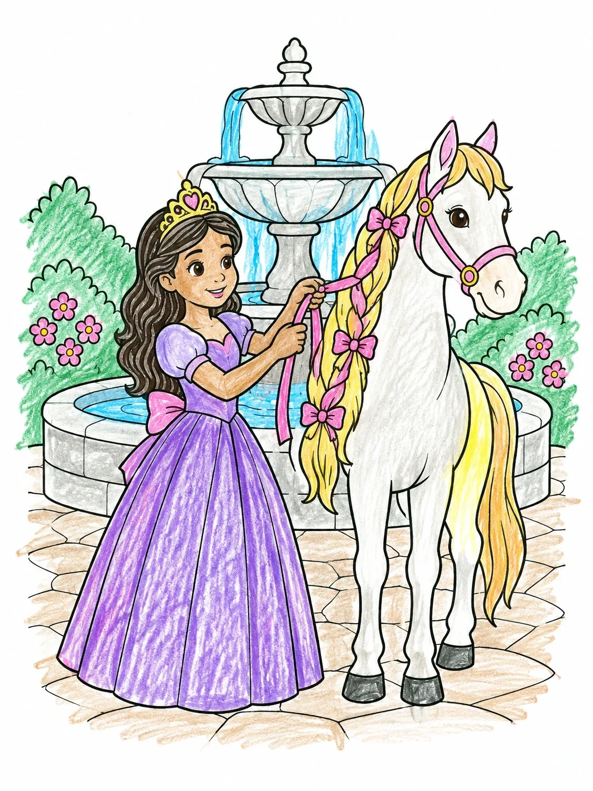 Colored example of the Princess Braiding Her Horse's Mane coloring page