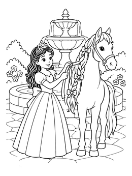 Free printable Princess Braiding Her Horse's Mane coloring page