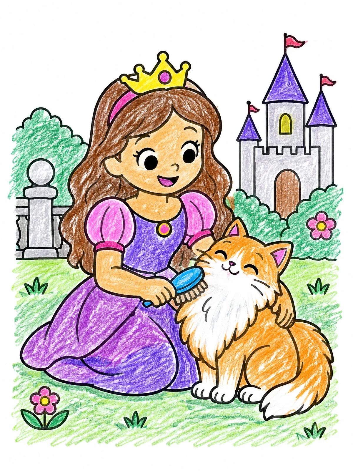 Colored example of the Princess Brushing Her Fluffy Cat coloring page