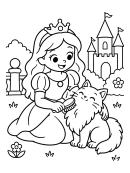 Free printable Princess Brushing Her Fluffy Cat coloring page
