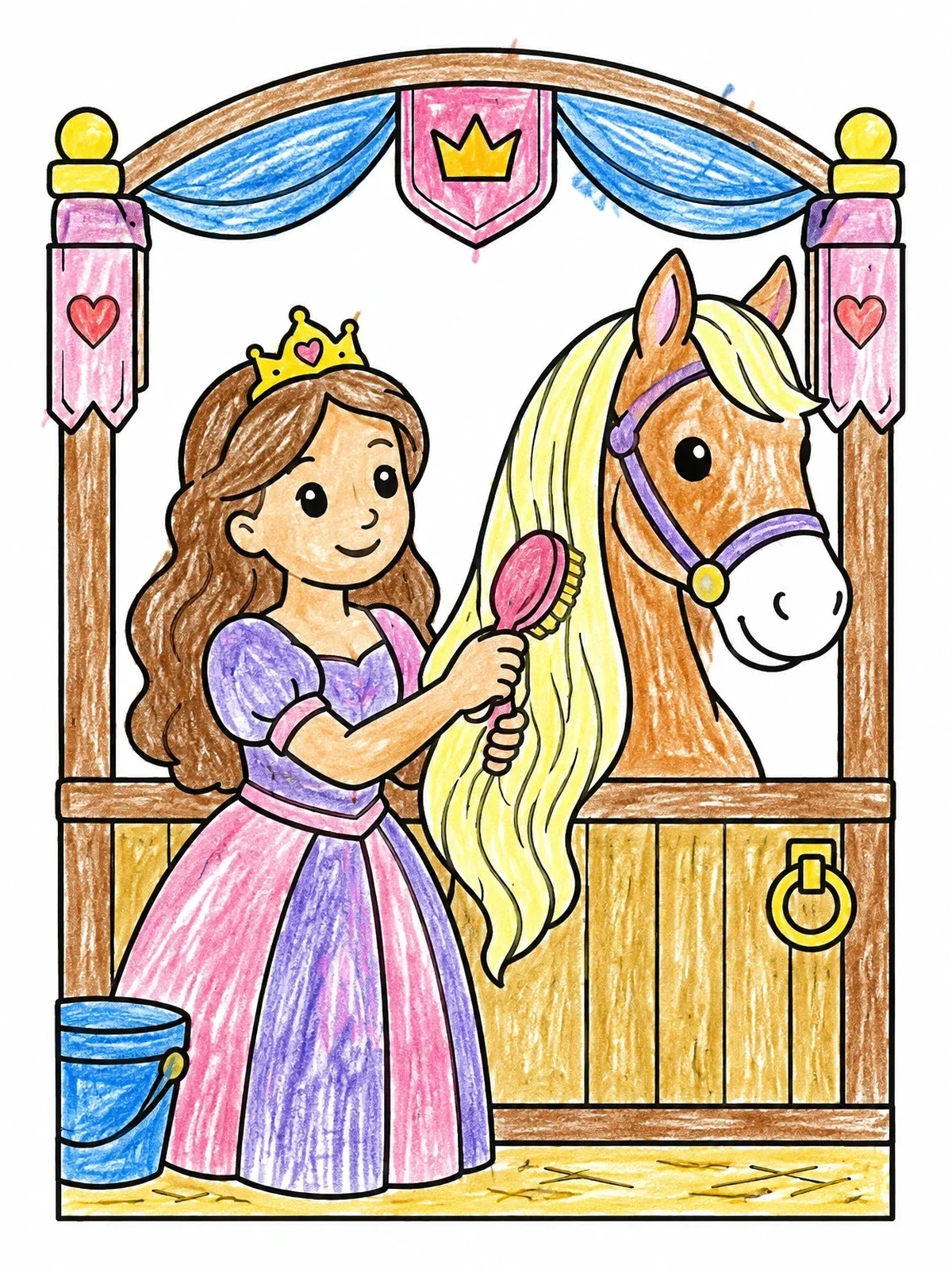 Colored example of the Princess Grooming Her Friendly Horse coloring page