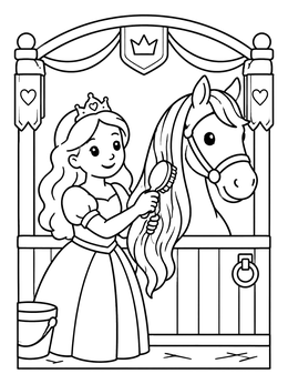 Free printable Princess Grooming Her Friendly Horse coloring page