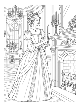 A royal maiden holding a candle in this princess coloring page with a grand fireplace.