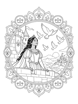 A detailed princess coloring page showing a royal lady watching doves fly above a castle landscape.