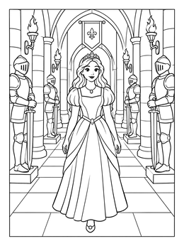 A princess coloring page showing a royal lady walking past suits of armor in a castle hall.
