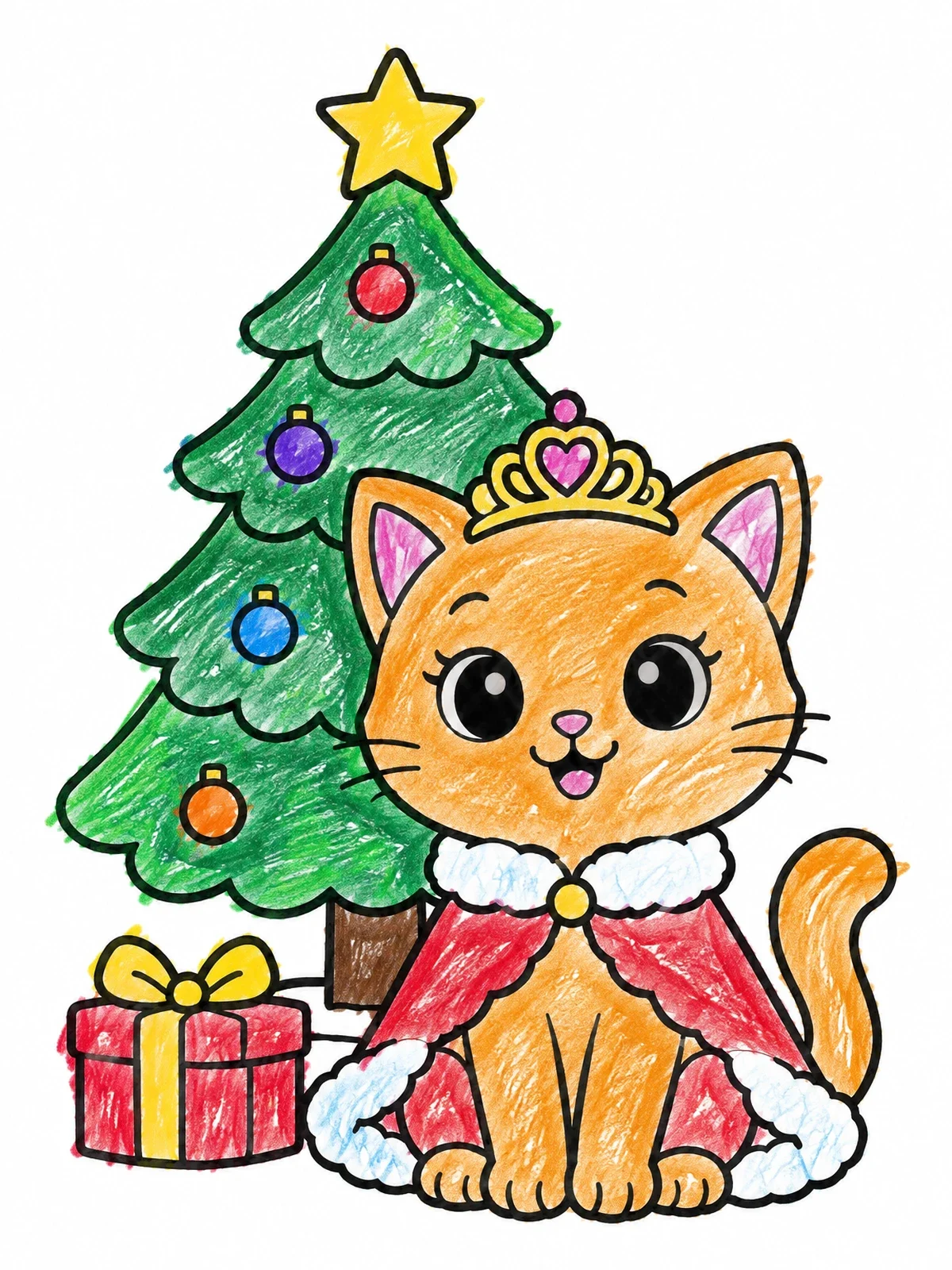 Colored example of the Princess Cat Beside Christmas Tree coloring page