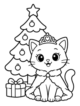 Free printable Princess Cat Beside Christmas Tree coloring page