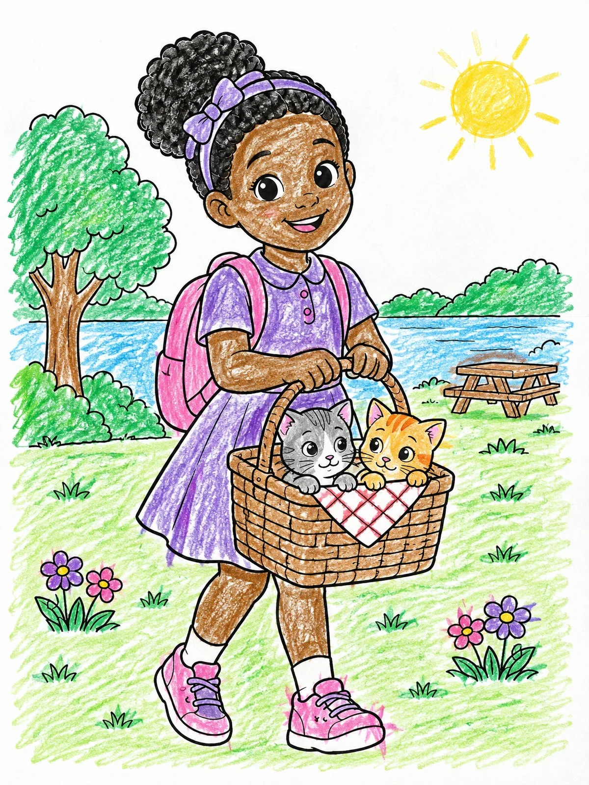 Colored example of the Girl Carrying Kittens In A Basket coloring page