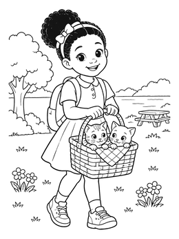 Free printable Girl Carrying Kittens In A Basket coloring page