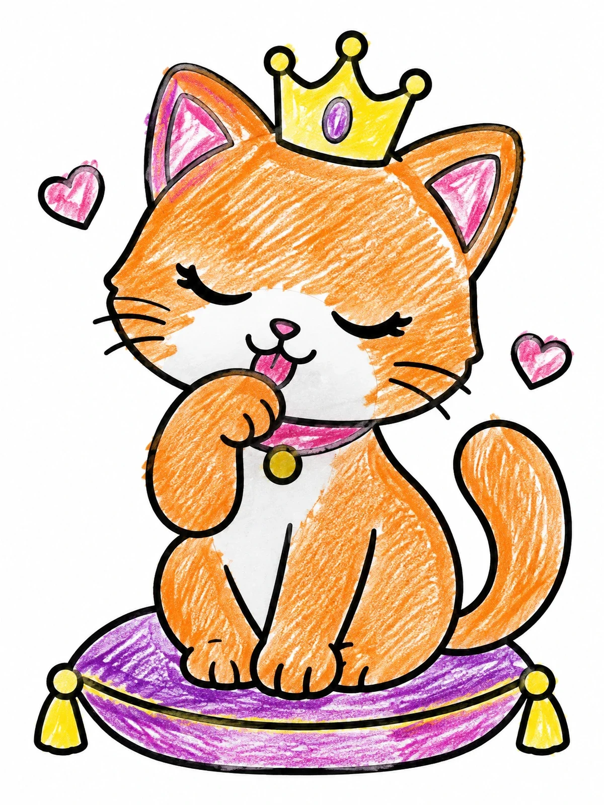 Colored example of the Princess Cat Grooming On Pillow coloring page