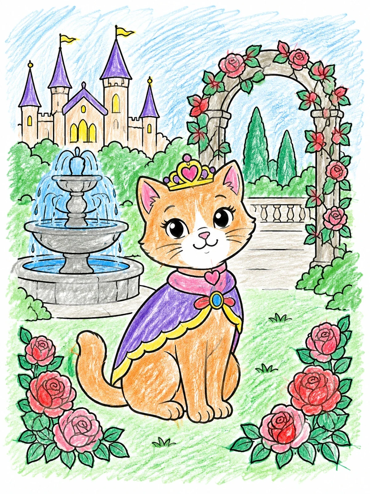 Colored example of the Princess Cat In Palace Garden coloring page