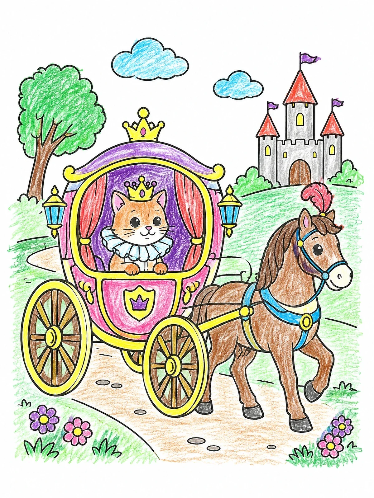 Colored example of the Princess Cat In Royal Carriage coloring page