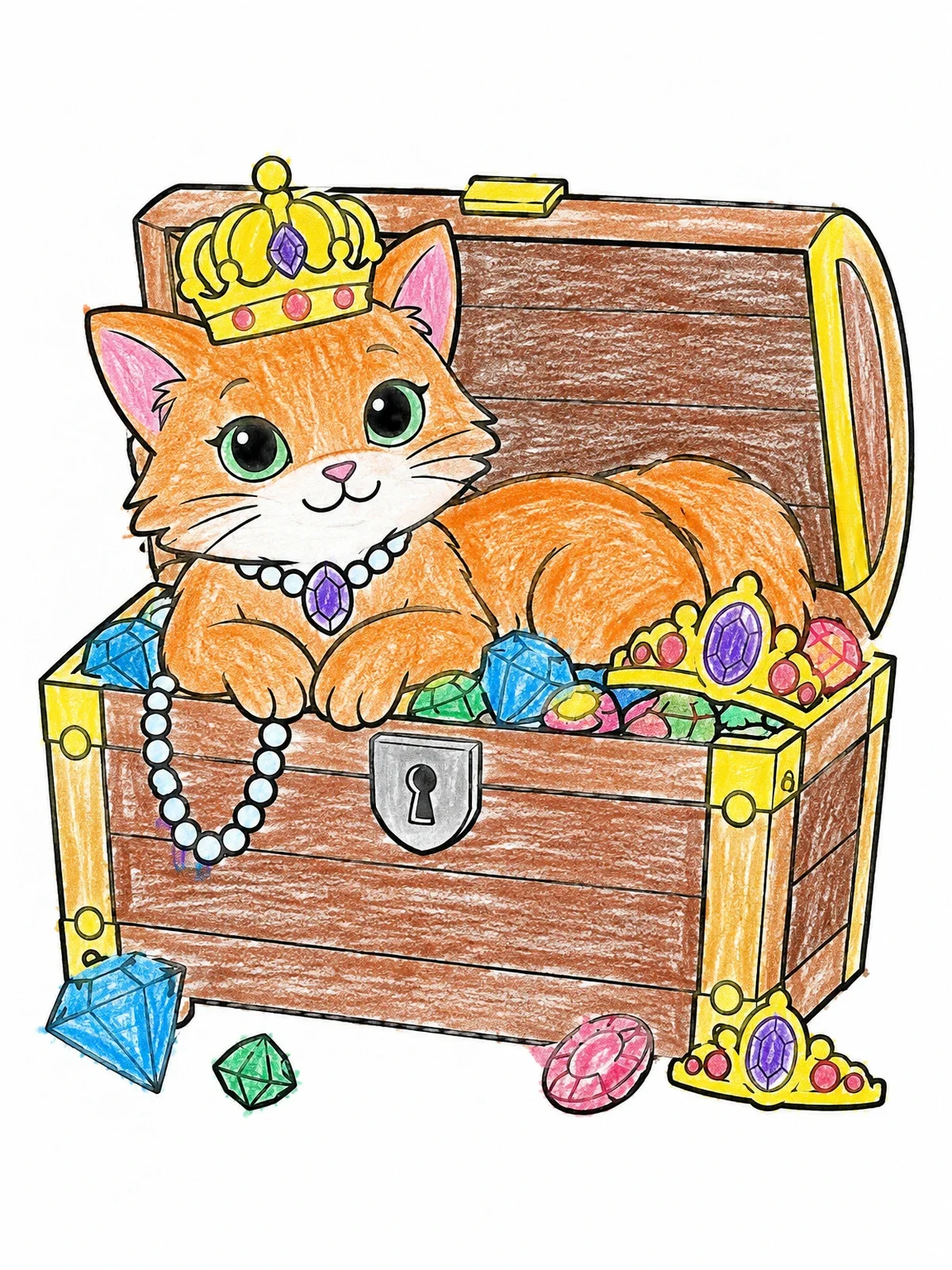 Colored example of the Princess Cat In Treasure Chest coloring page