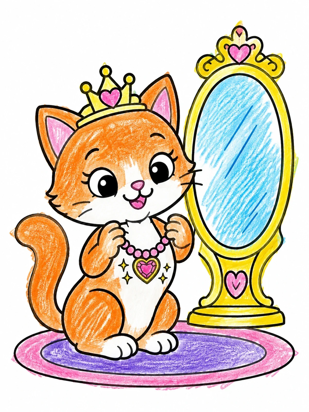Colored example of the Princess Cat With Mirror And Necklace coloring page