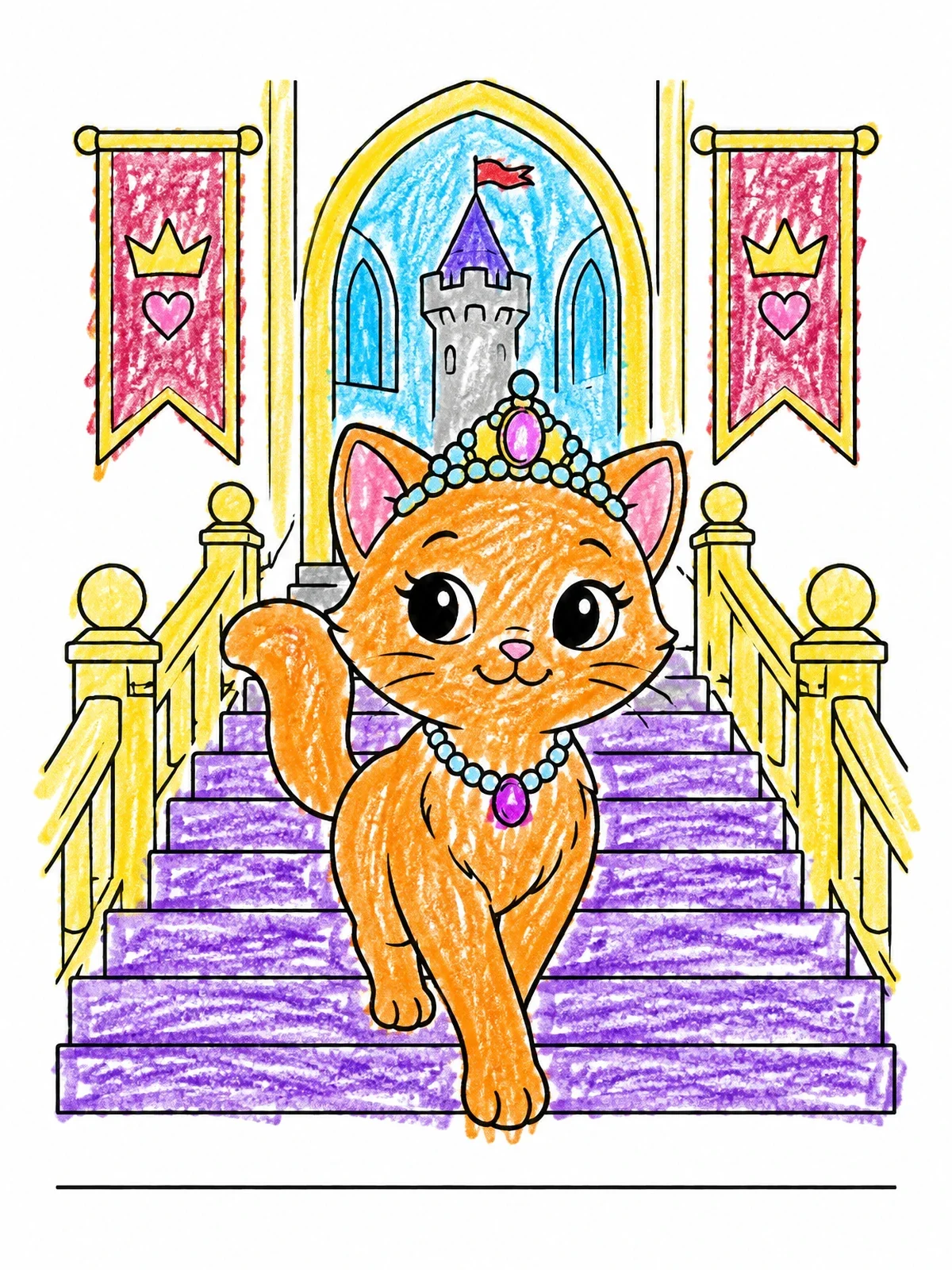 Colored example of the Princess Cat On Castle Stairs coloring page