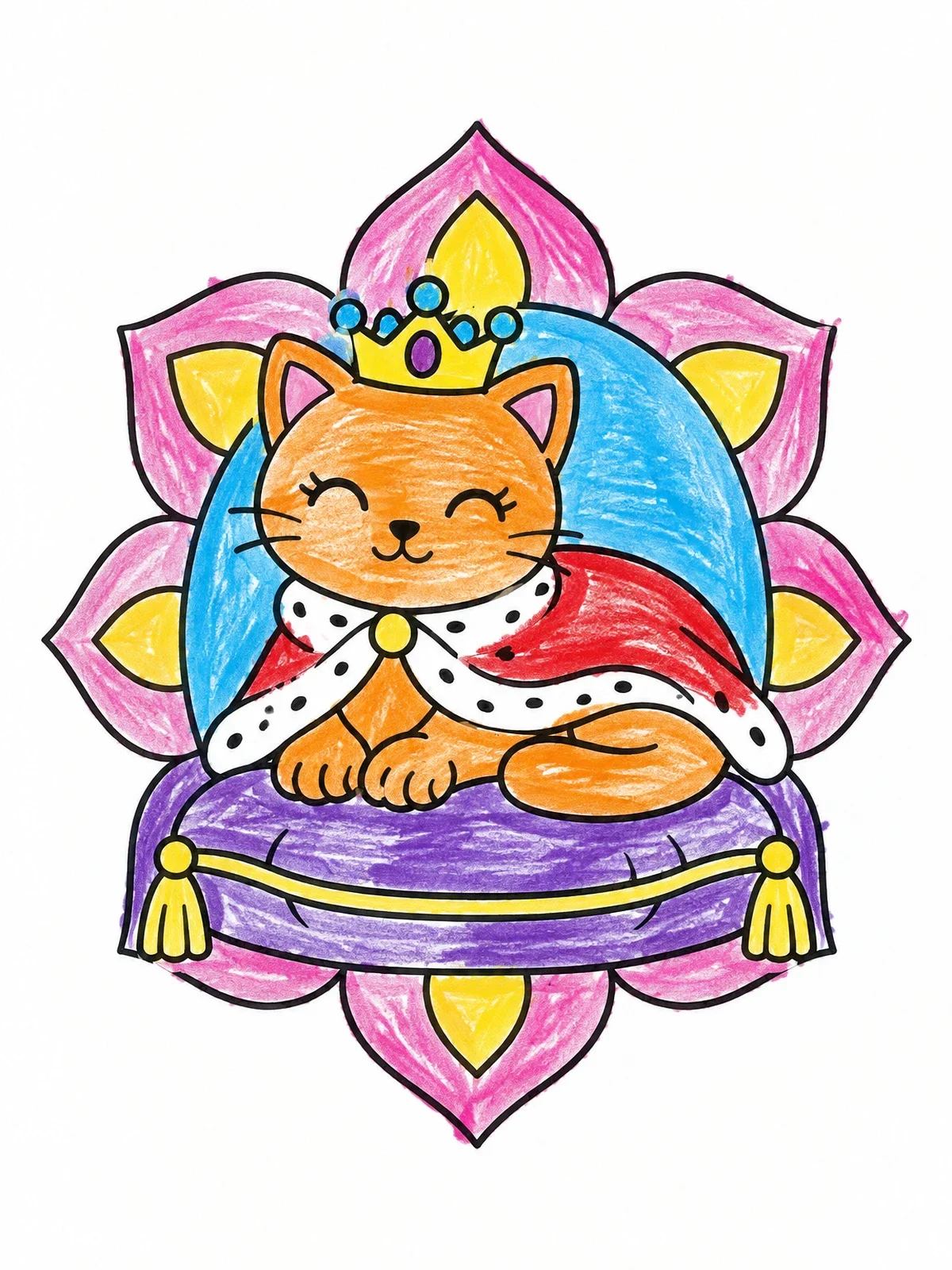 Colored example of the Princess Cat On Royal Cushion coloring page