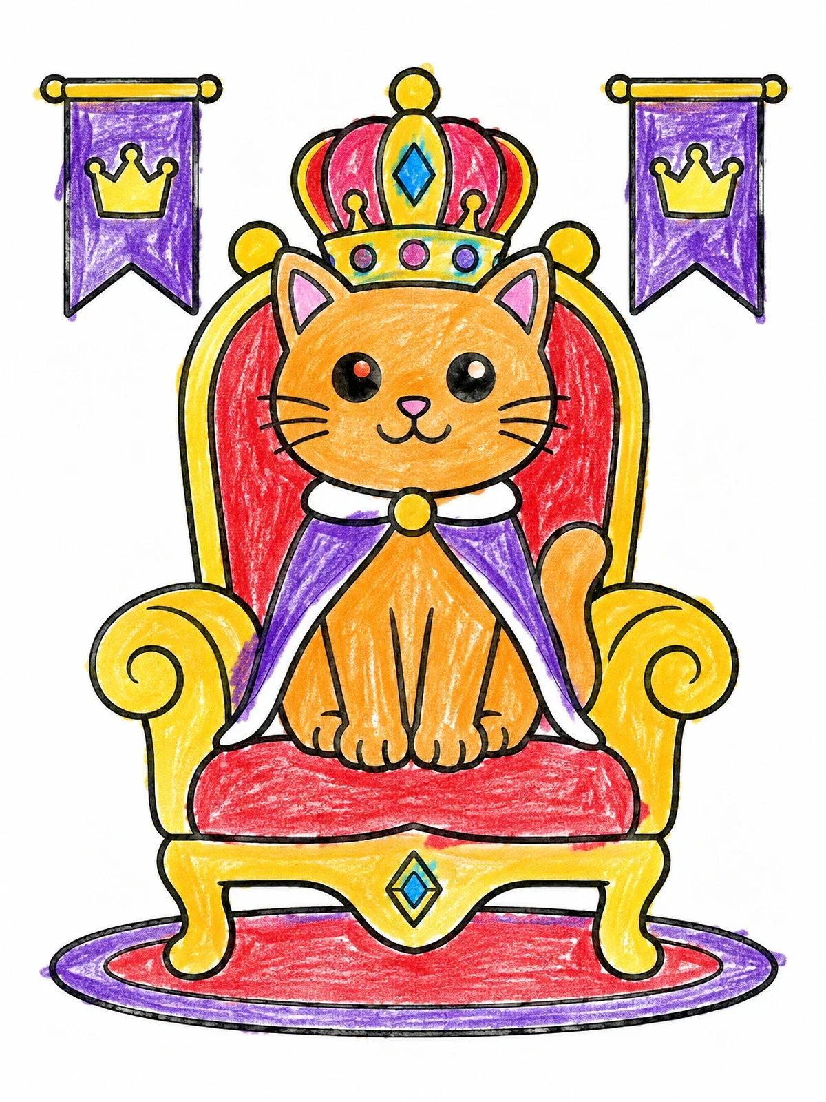 Colored example of the Princess Cat On Royal Throne coloring page