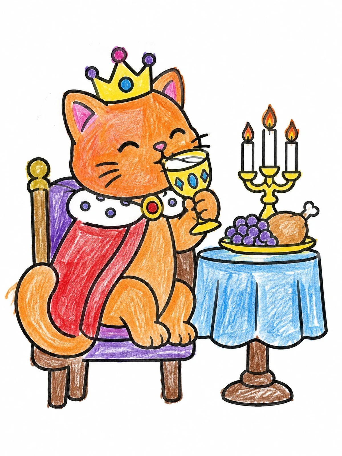 Colored example of the Royal Cat At Banquet Feast coloring page
