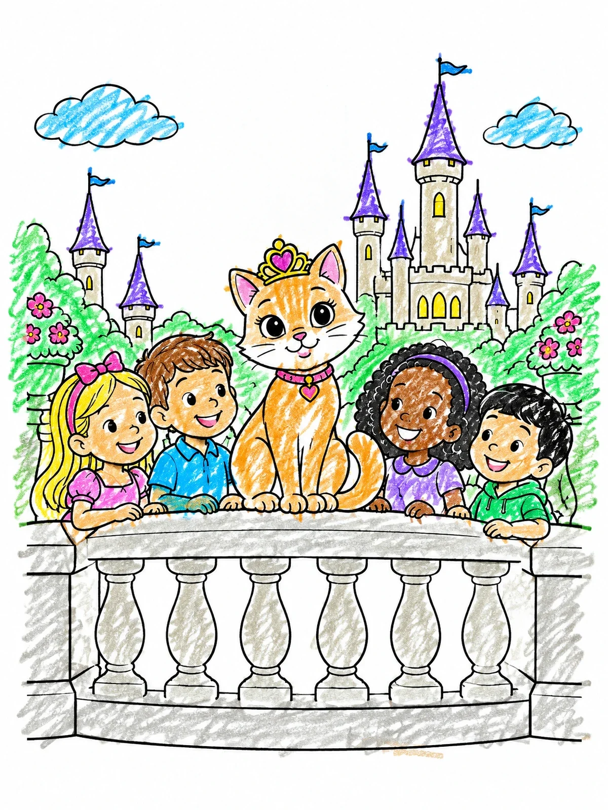 Colored example of the Princess Cat With Children At Castle coloring page