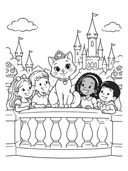 Free printable Princess Cat With Children At Castle coloring page