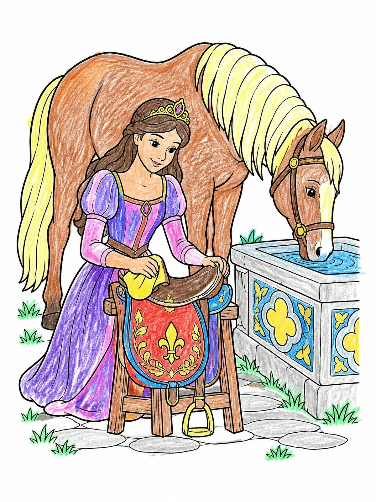 Colored example of the Princess Polishing A Horse Saddle coloring page